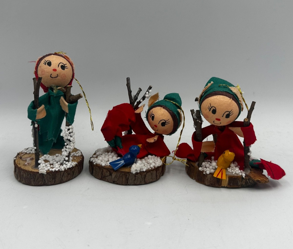 NAPCO Vintage Elf Pixie Christmas Ornaments Woodland Girls Birds Japan